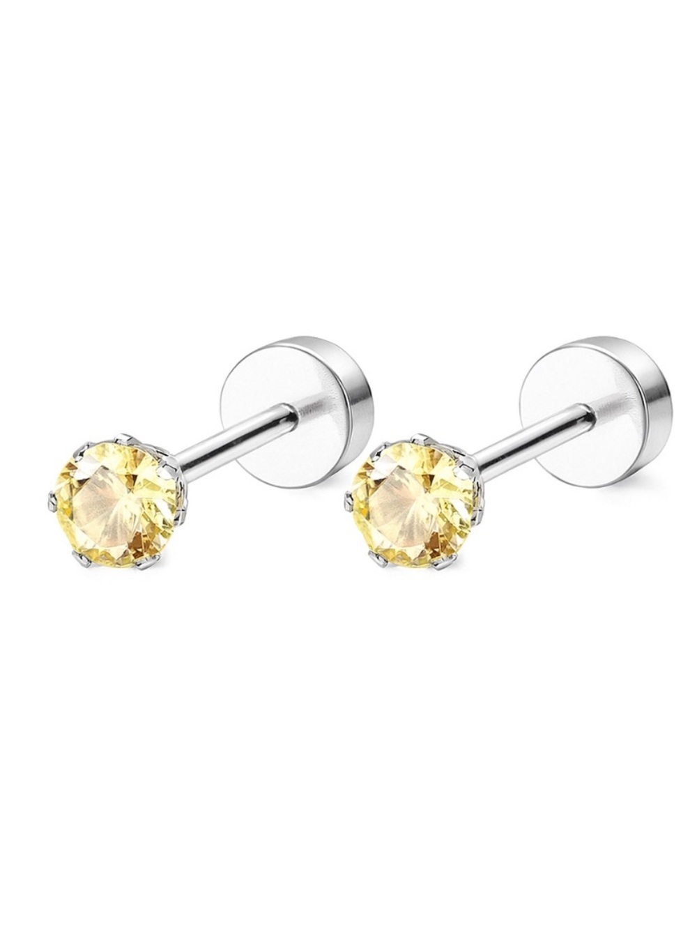 Light Yellow CZ Stud Earrings - Stainless Steel Flat Screw Back Earrings